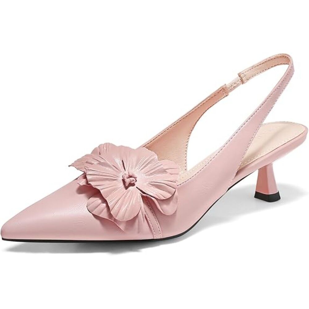 Women's Pink Flower Closed Pointed Toe Slingback Kitten Heel Wedding Pumps Shoes